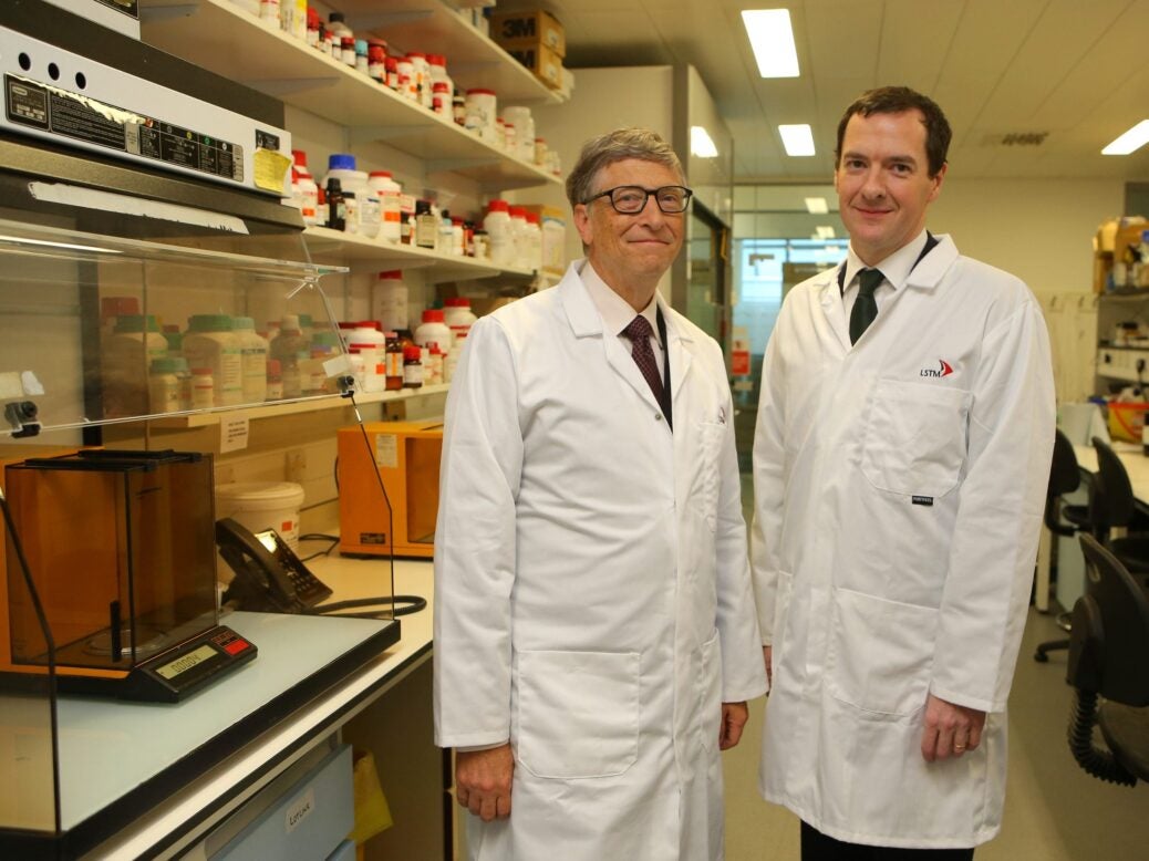 George Osborne and co-founder of Microsoft Bill Gates during a visit to the Liverpool School of Tropical Medicine in Liverpool, England
