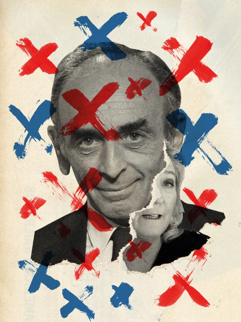 Together Éric Zemmour and Marine Le Pen, leader of the Rassemblement National, could be a significant electoral force. Illustration by Anthony Gerace.