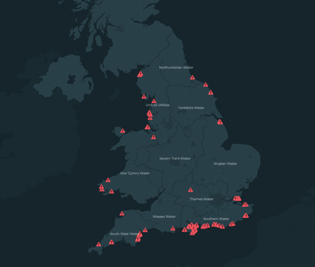 Locations of UK dry sewage spills [Credit: Surfers Against Sewage]